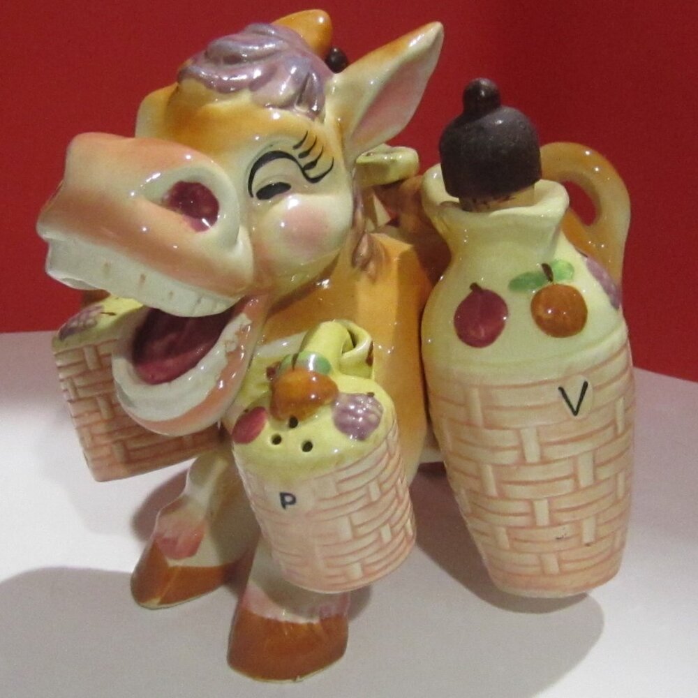 Vintage laughing donkey salt & Pepper - Vinegar /oil set